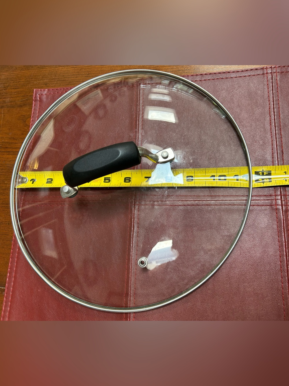 Clear Glass Pot Lid w/Black Handle - not just a knob!! 11.5” diameter. Vent hole